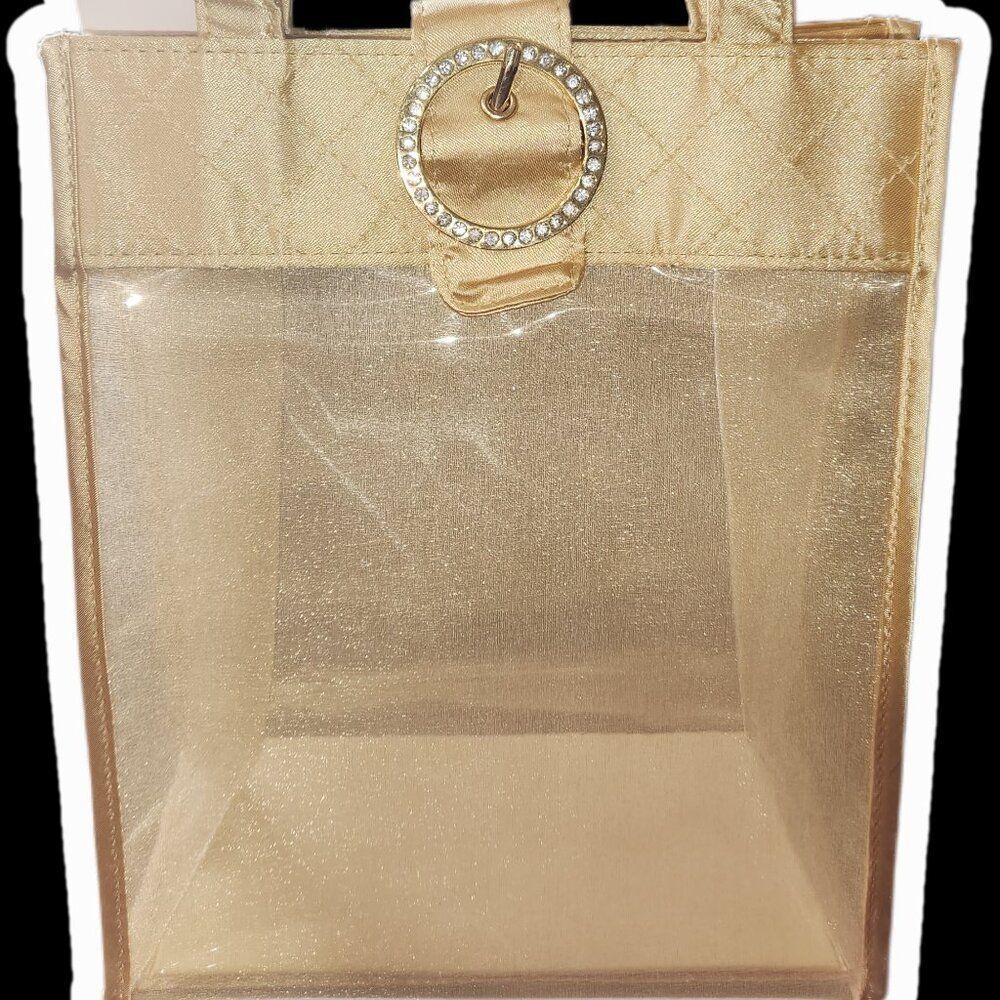 gold translucent tote with a sparkling buckle